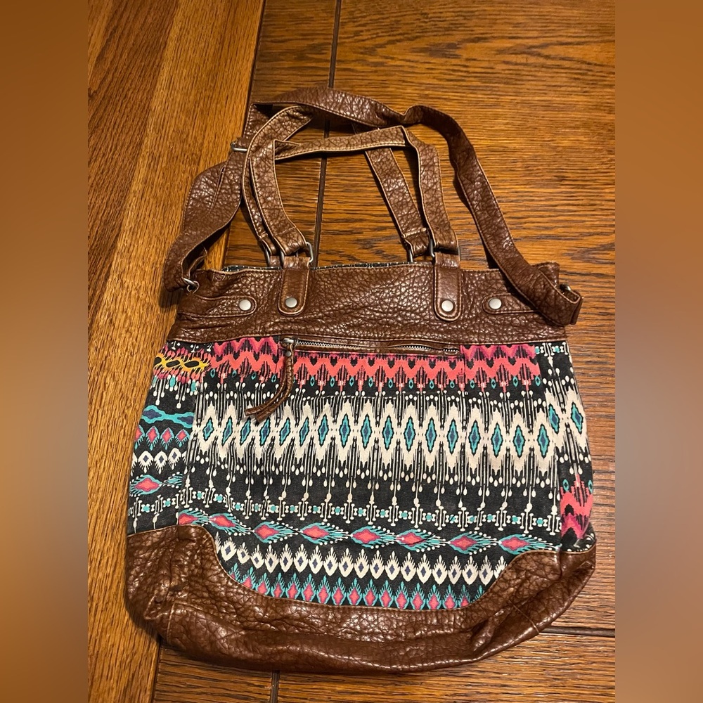 Aeropostale Brown Faux-Leather Tribal Shoulder Bag with Pink & Teal Accents